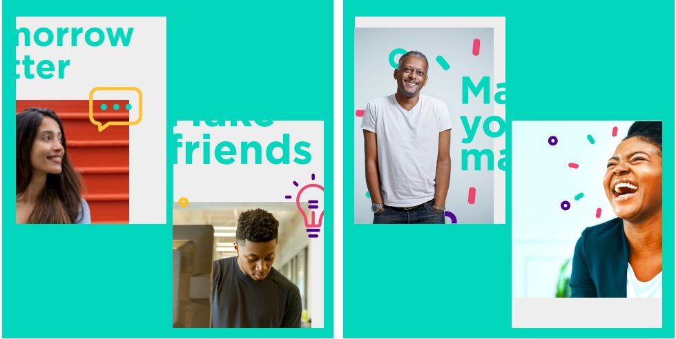 Examples of advertising with photos of people overlaid with pictograms and gestures