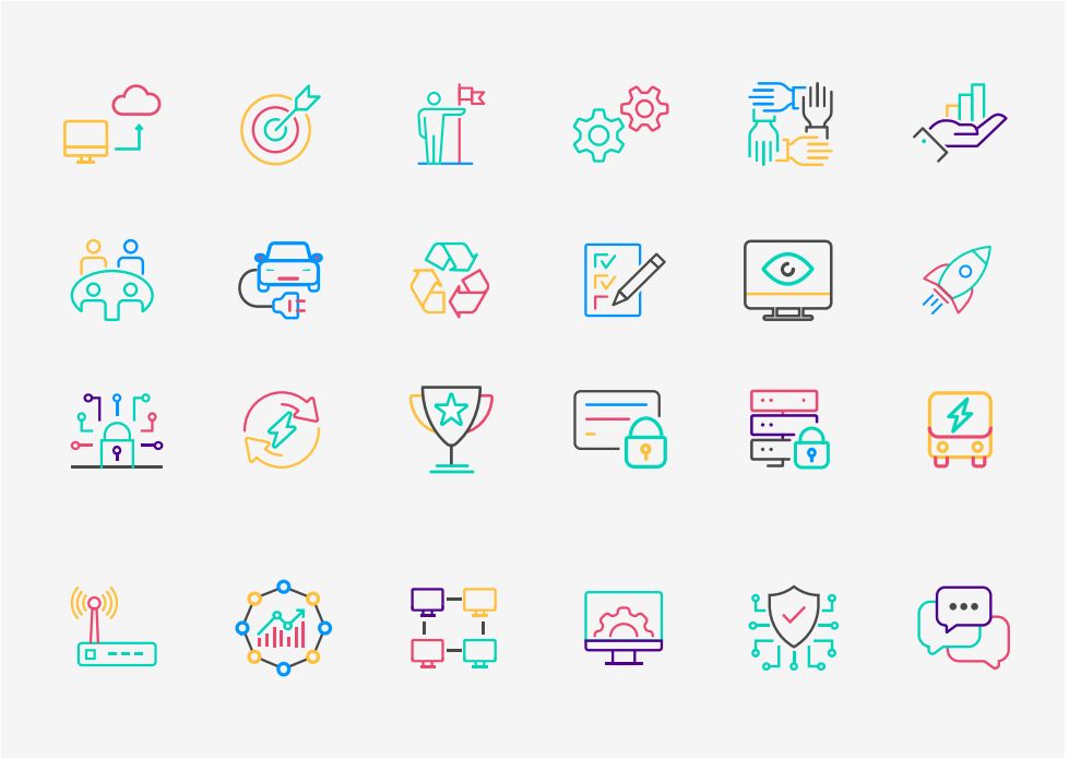 A selection of icons communicating a range of ideas in Colt colours and style