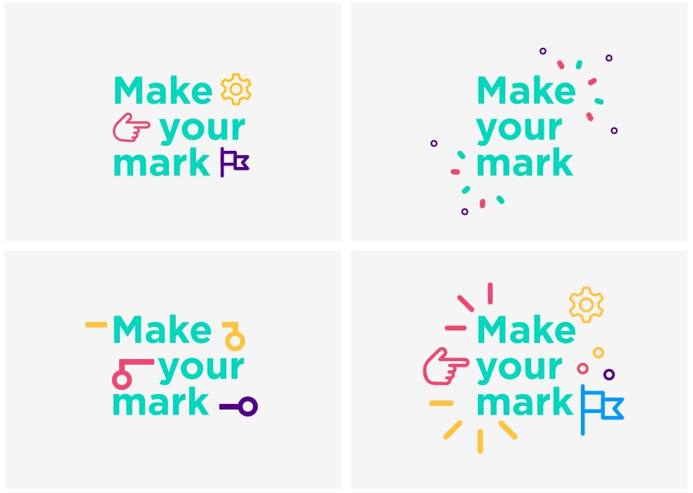 Four examples of the words Make Your mark with added pictograms for emphasis