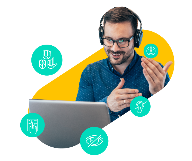 A Colt employee is speaking into a laptop with a headset, smiling and passionately gesticulating to his interlocutor, representing digital accessibility