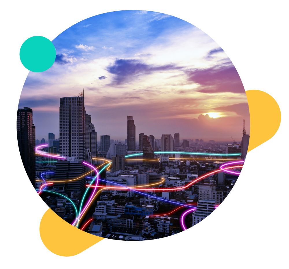 A picture representing connections in between locations, mapped over a city