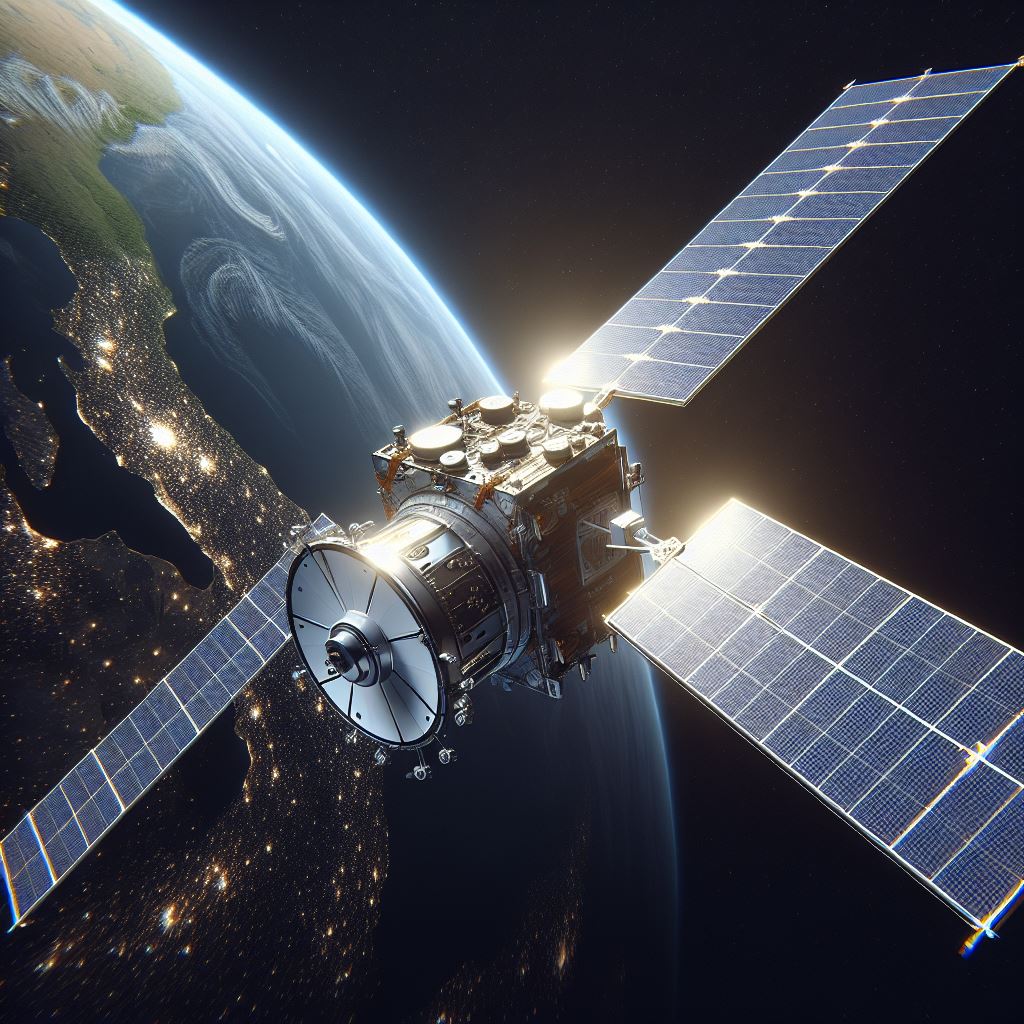 A realistic illustration of a Low Earth Orbit (LEO) satellite in space. The satellite has solar pane