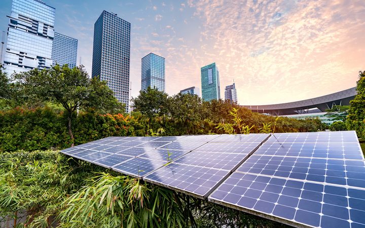 Solar panels in plants near modern city