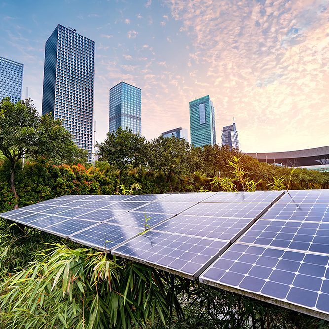 Solar Power Plant in modern city,Sustainable Renewable Energy.